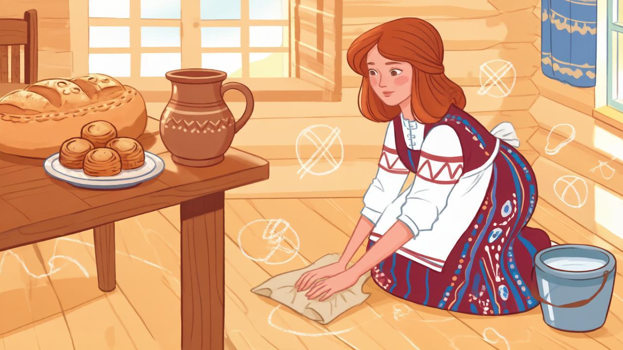 Хозяйка убирает в избе с символическими запретами — иллюстрация к традициям Домны Доброродной